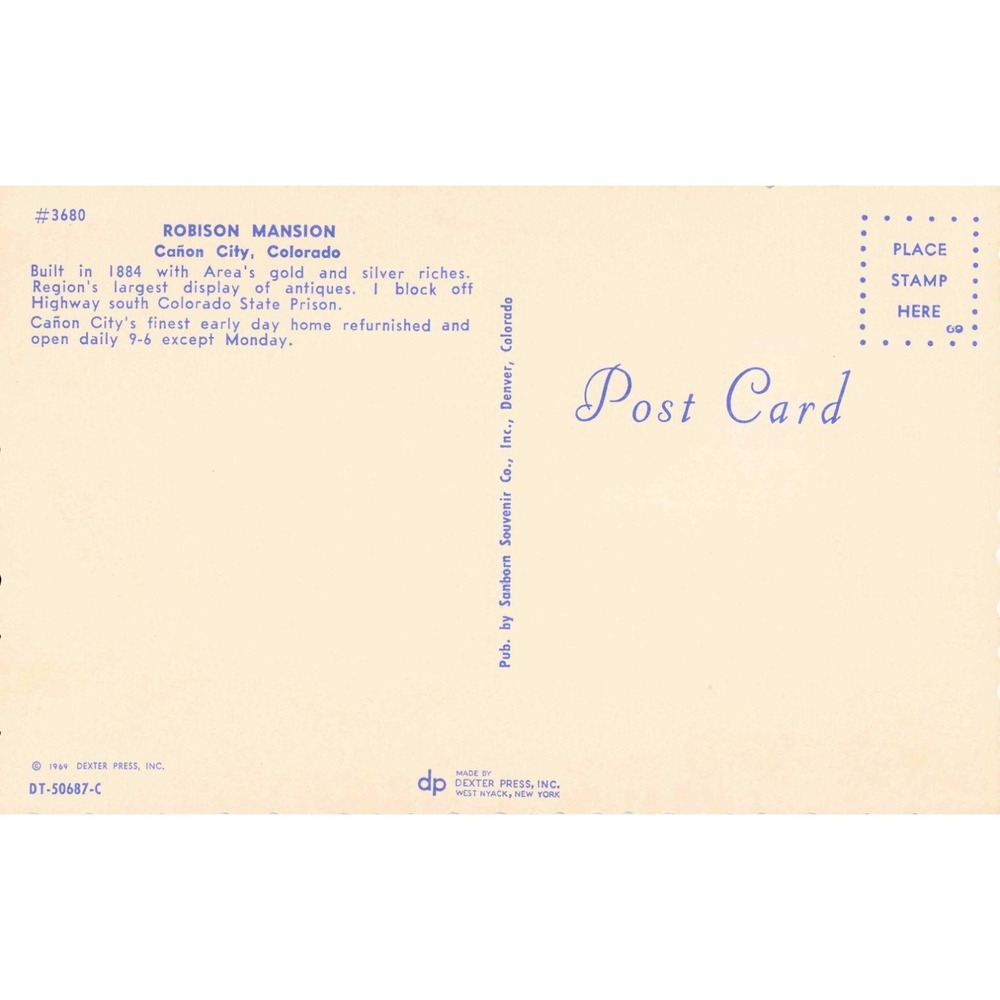 Vintage 1969 Robison Mansion Postcard Cañon City Colorado Dexter Press 3680 - Picture 2 of 2
